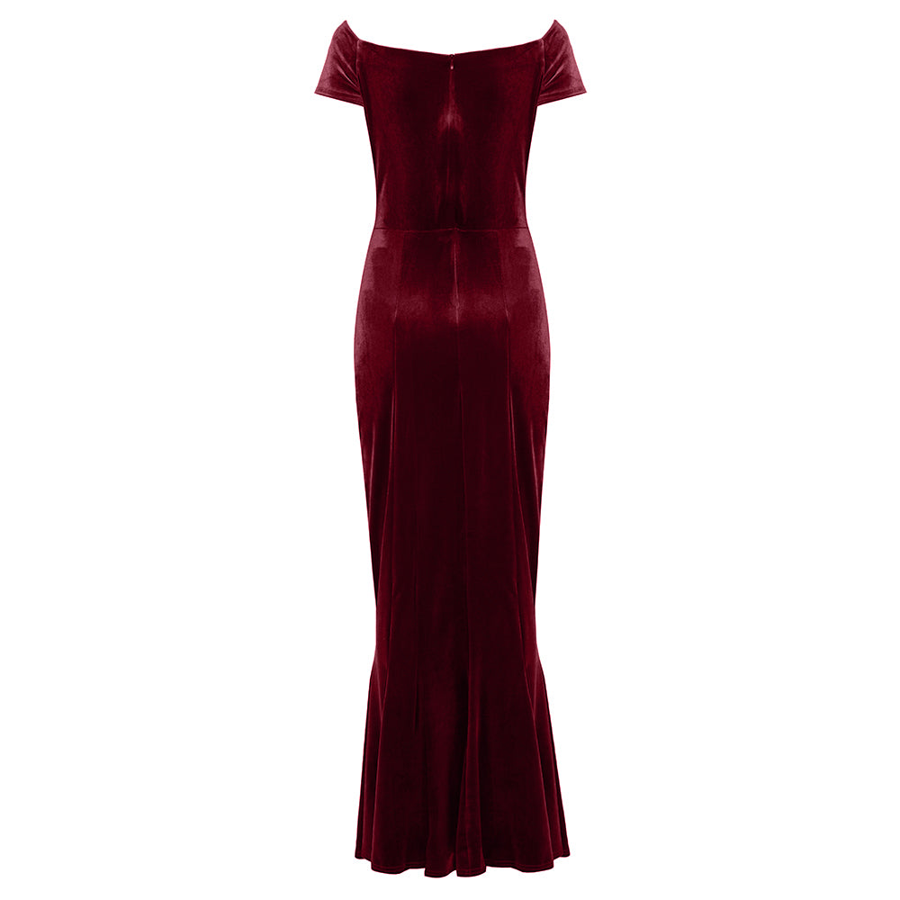 Claret Red Cap Sleeve Twist Bust Fishtail Hem Velour Maxi Dress - Pretty Kitty Fashion
