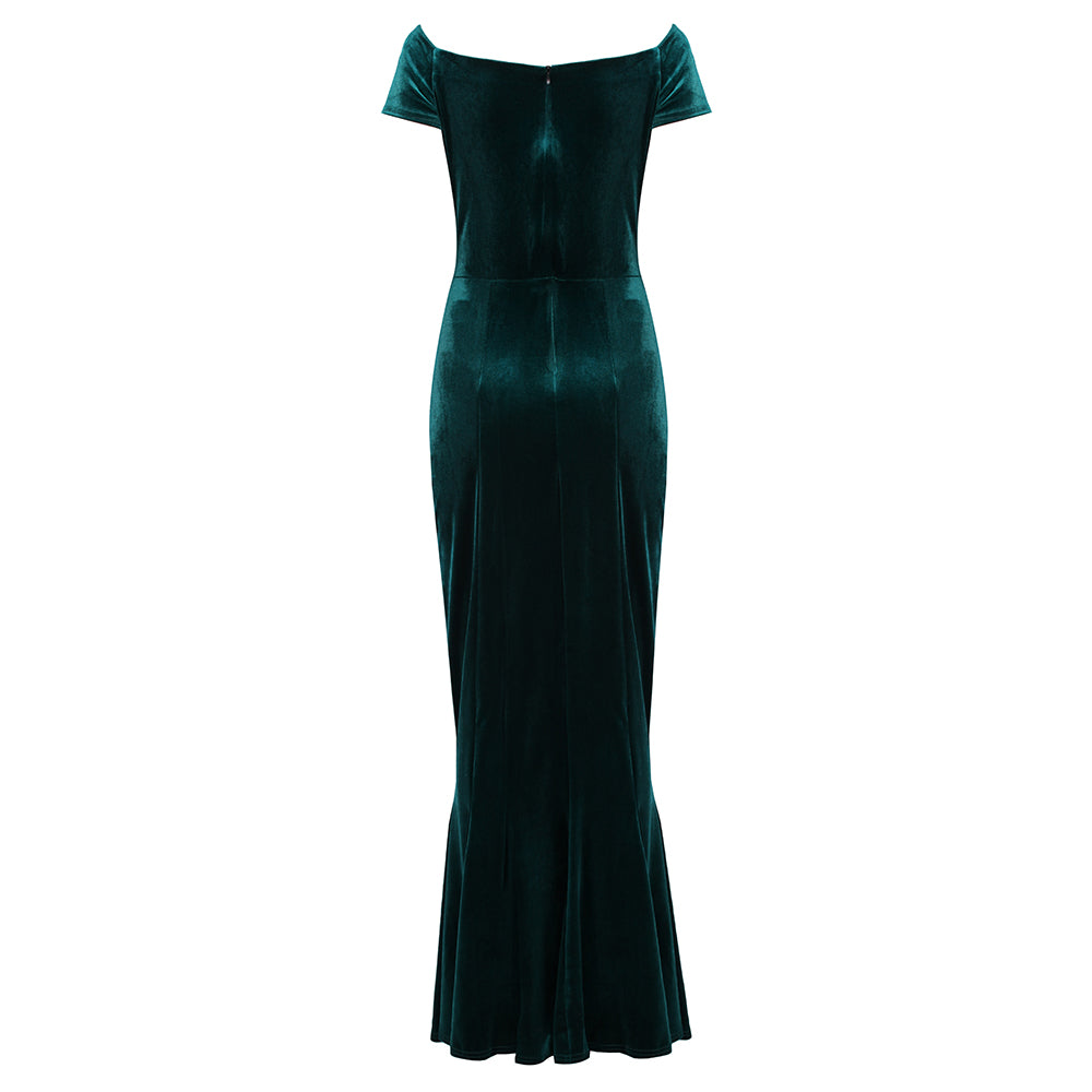 Emerald Green Cap Sleeve Twist Bust Fishtail Hem Velour Maxi Dress - Pretty Kitty Fashion