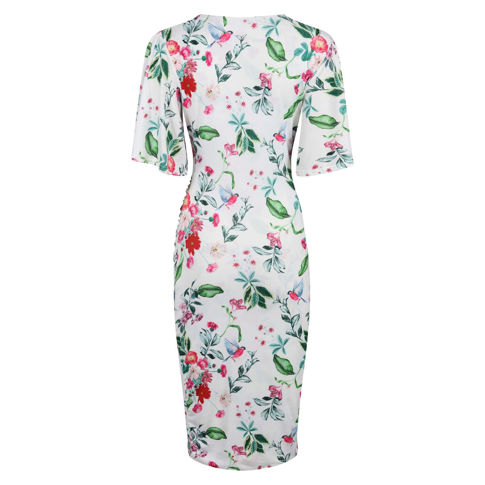 White And Red Floral Bird Butterfly Sleeve Slinky Pencil Cocktail Dress