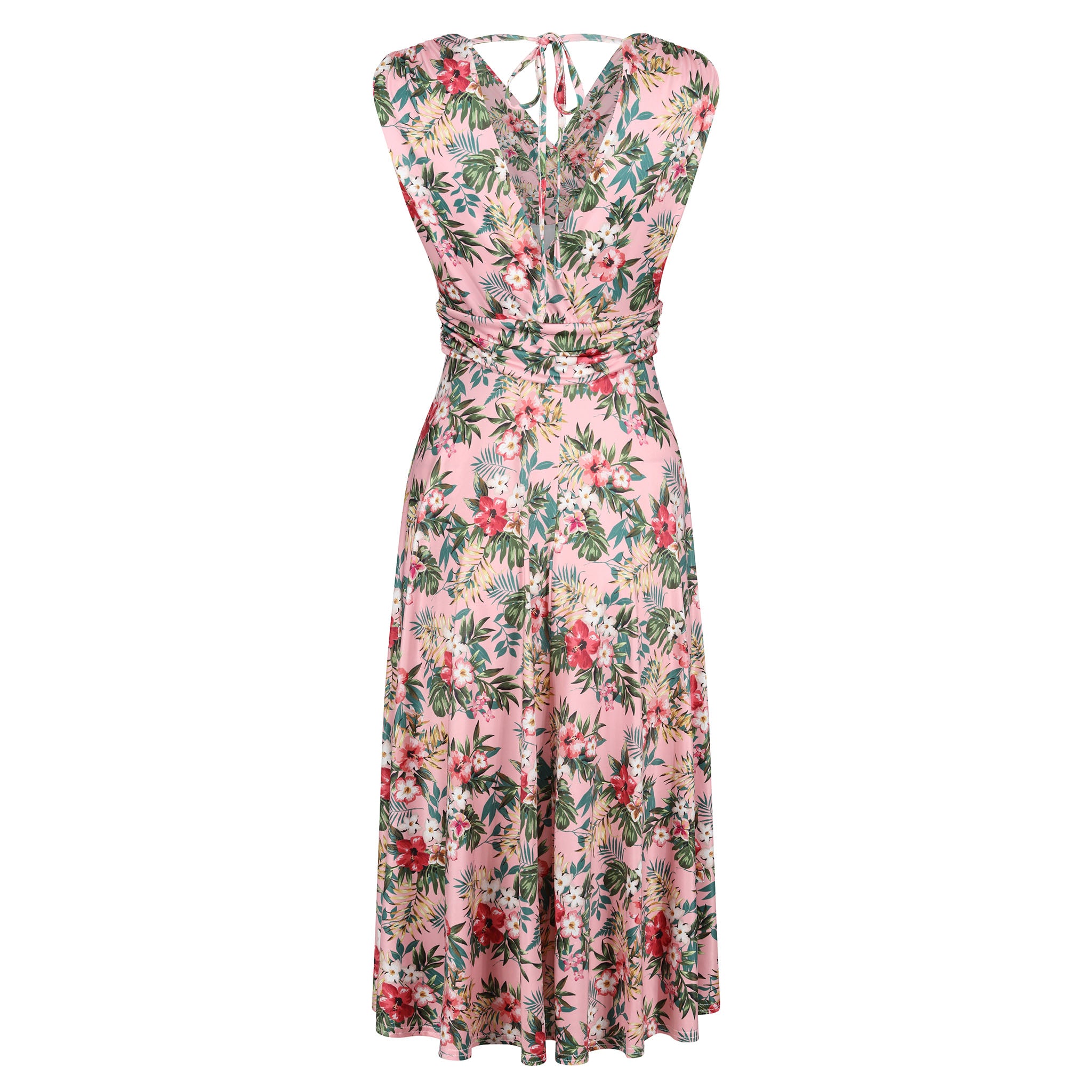 Pink Floral V Neck Crossover Top Empire Waist Swing Dress