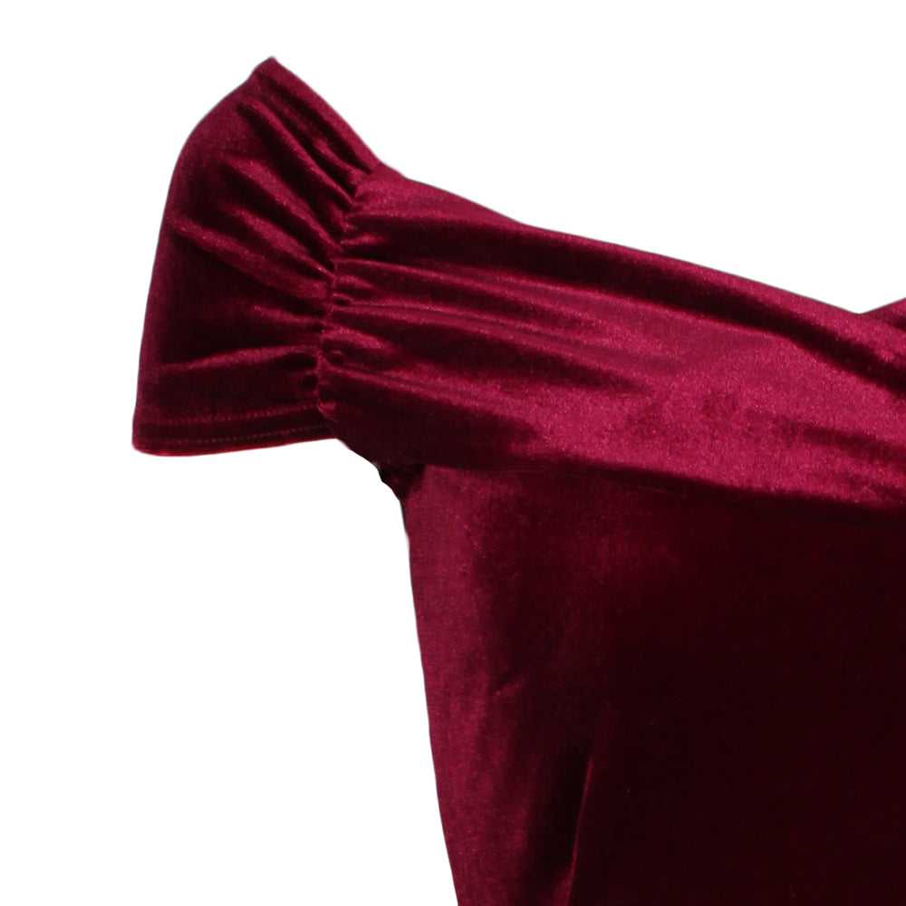 Claret Wine Red Velour Cap Sleeve Crossover Top Bardot Wiggle Dress - Pretty Kitty Fashion