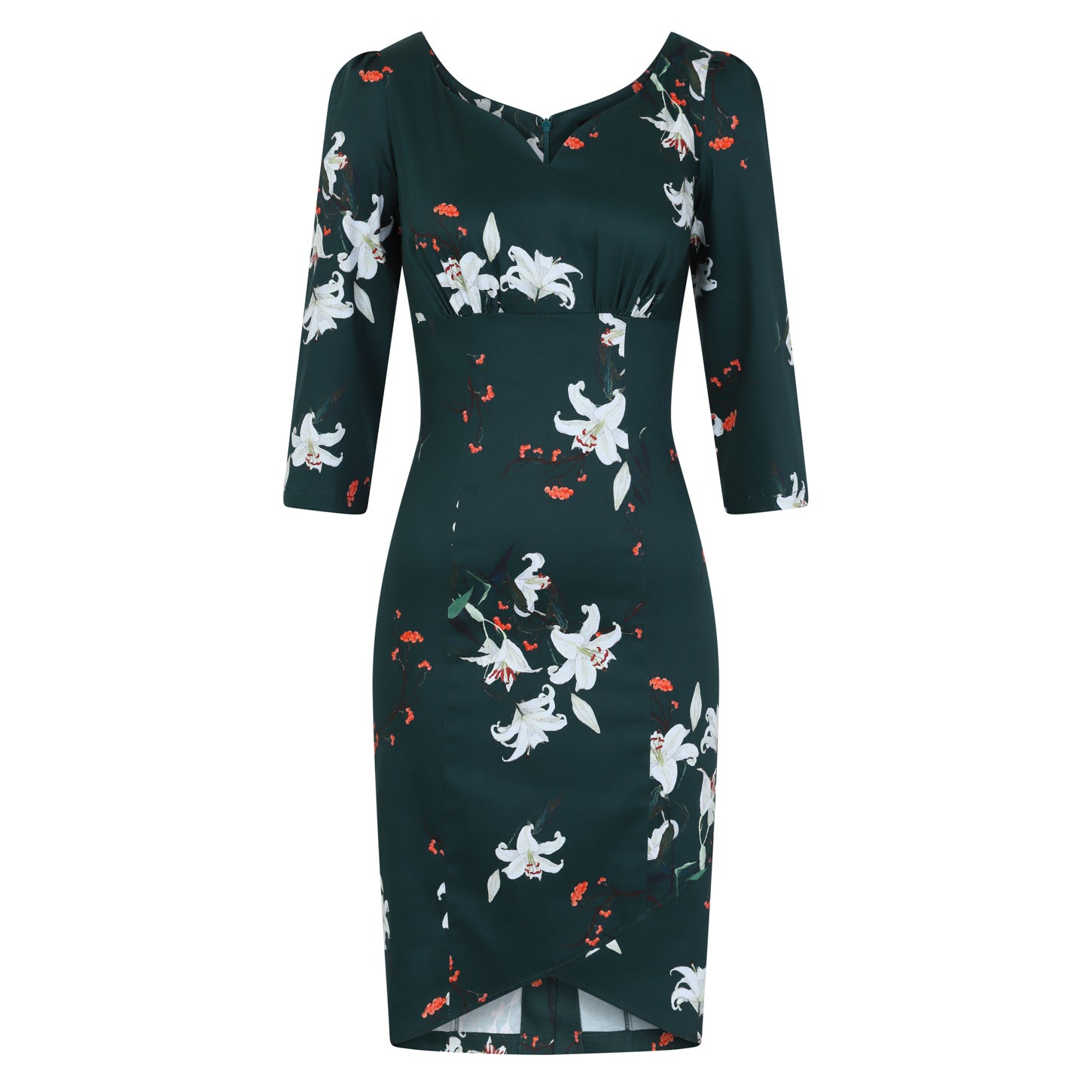 Dark Green Floral Print 3/4 Sleeve Empire Waist Pencil Wiggle Dress - Pretty Kitty Fashion