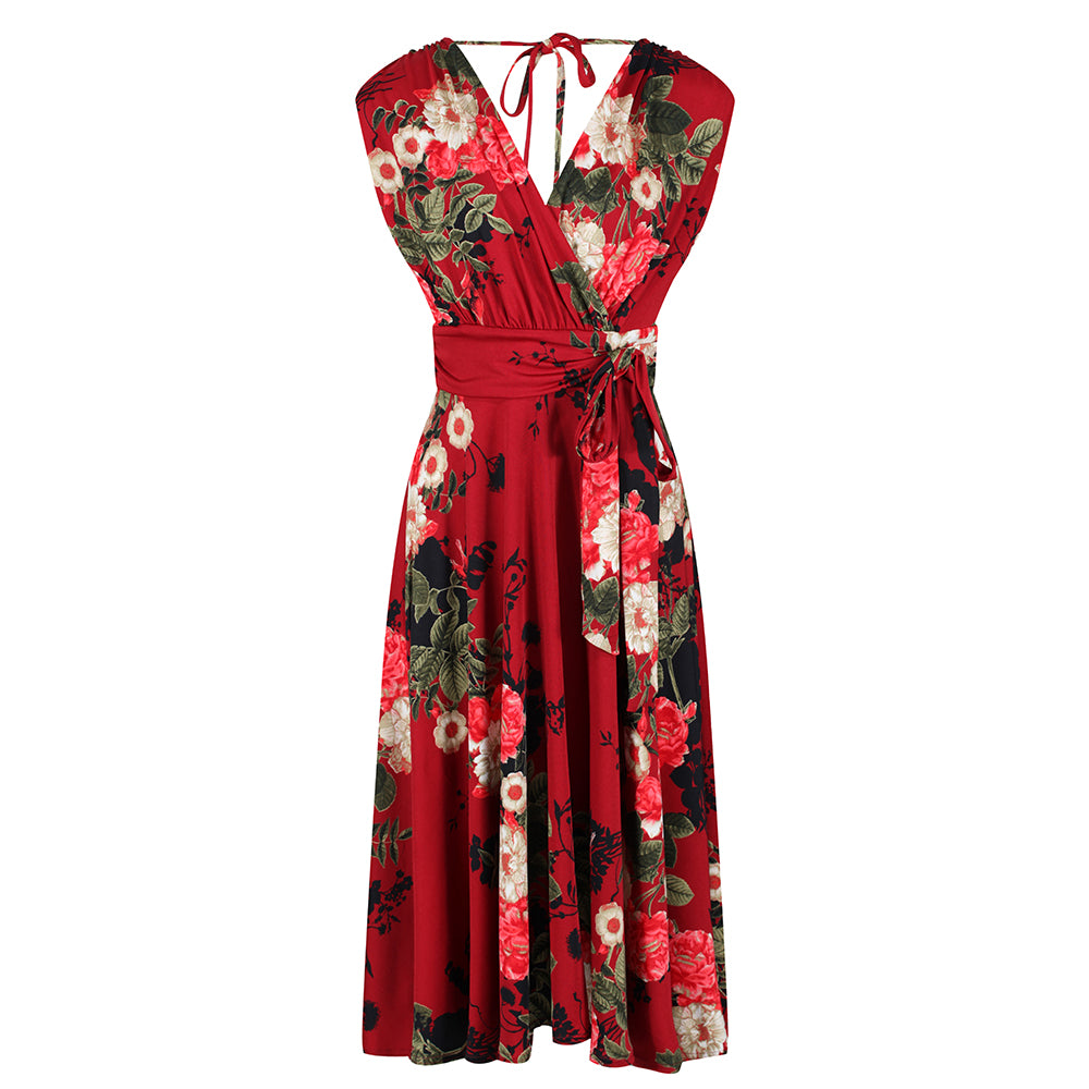 Red Floral Print V Neck Crossover Wrap Top Empire Waist Swing Dress Pretty Kitty Fashion