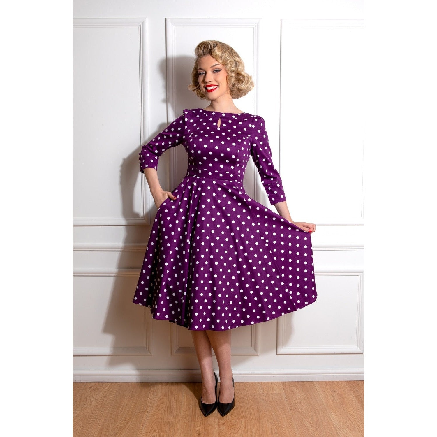 Little Kitty Girl's Purple And White Polka Dot Party Dress