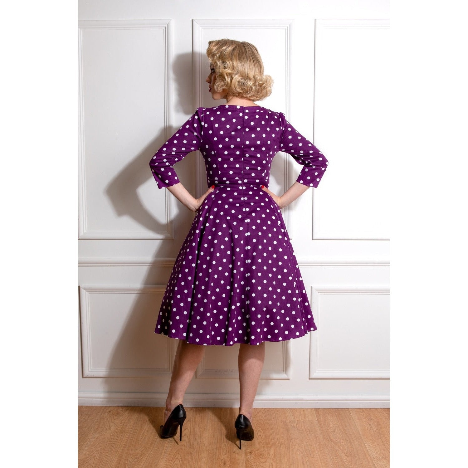Purple And White Polka Dot 3/4 Sleeve 50s Swing Tea Dress