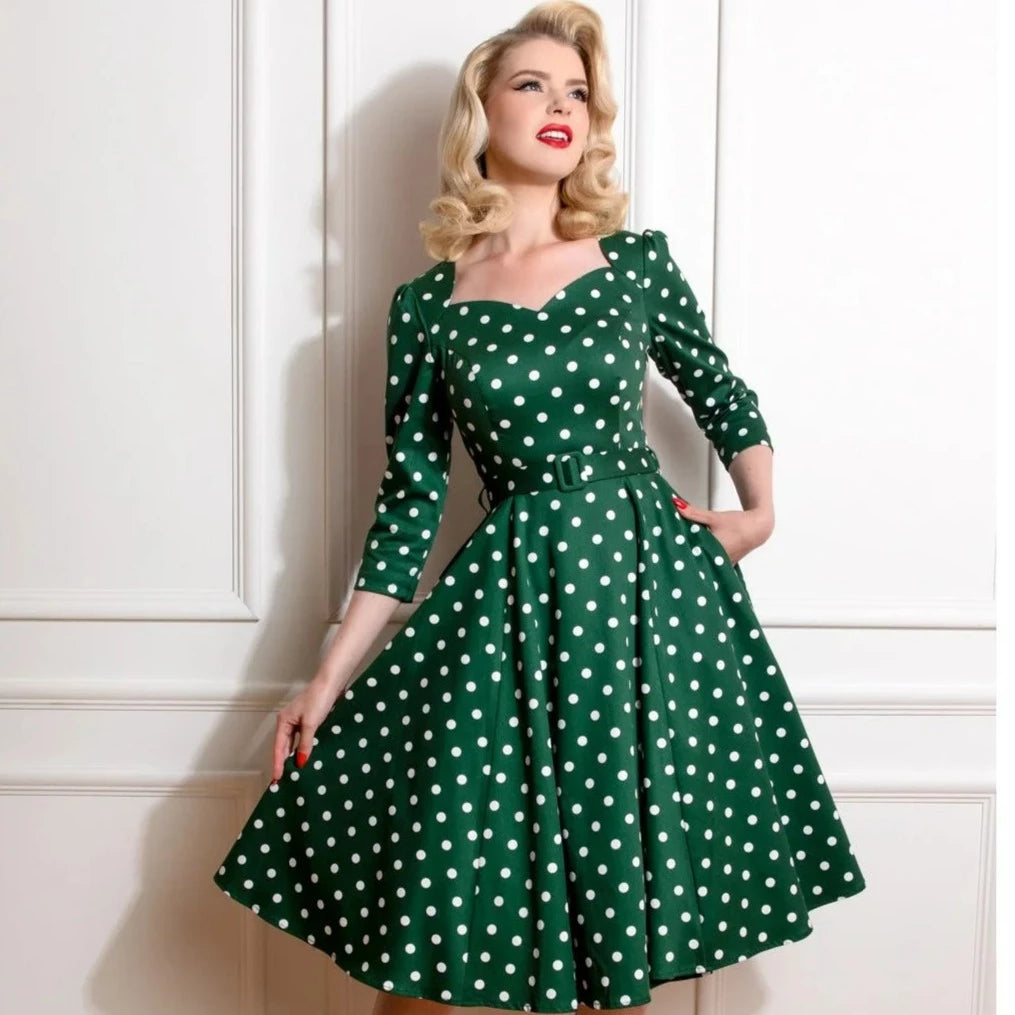 Green And White Polka Dot Vintage 50s 3 4 Sleeve Swing Dress Pretty Kitty Fashion