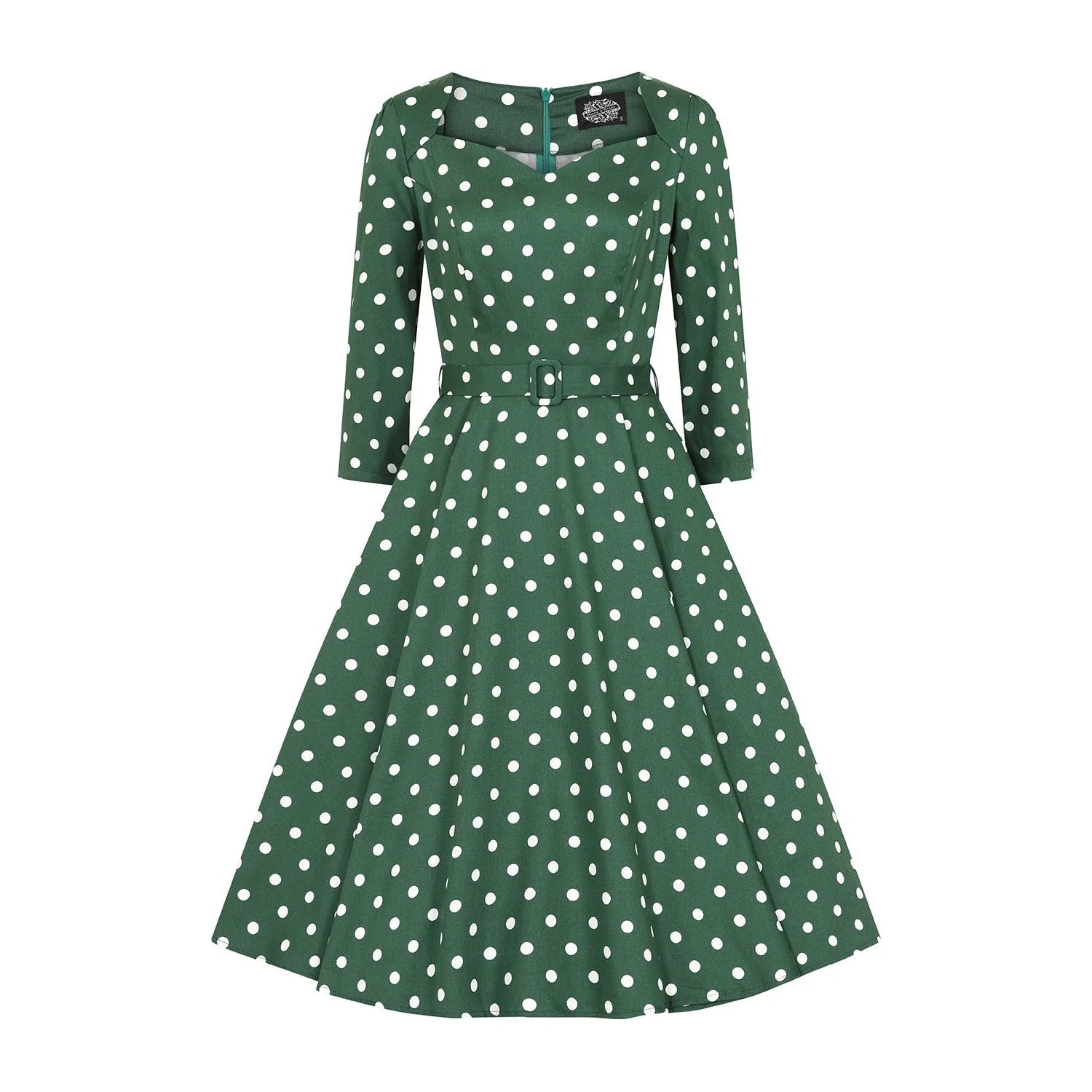 Green And White Polka Dot Vintage 50s 3/4 Sleeve Swing Dress  by