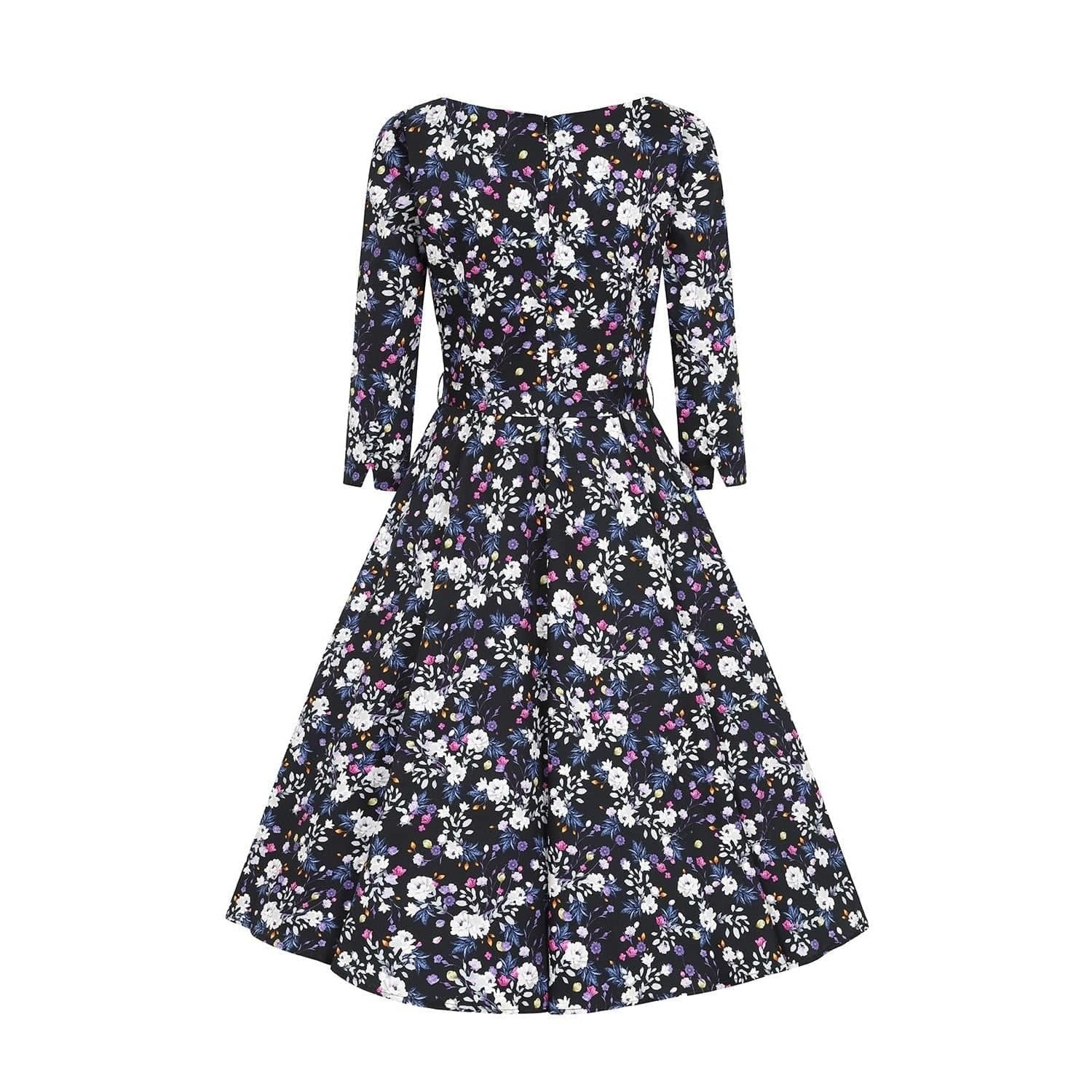 Black Multi Floral Print 3/4 Sleeve 50s Swing Dress