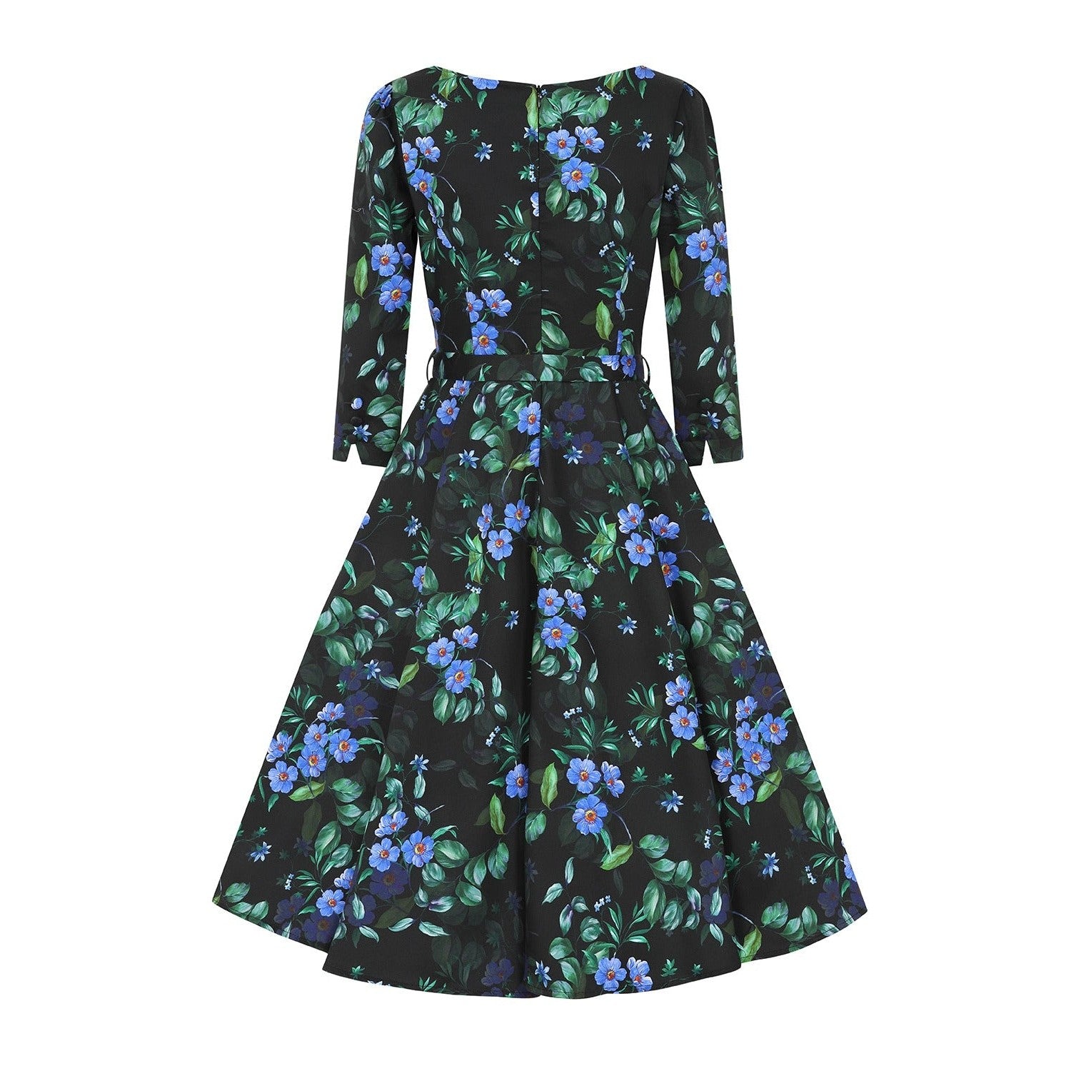 Black And Blue Floral Print 3/4 Sleeve 50s Swing Dress