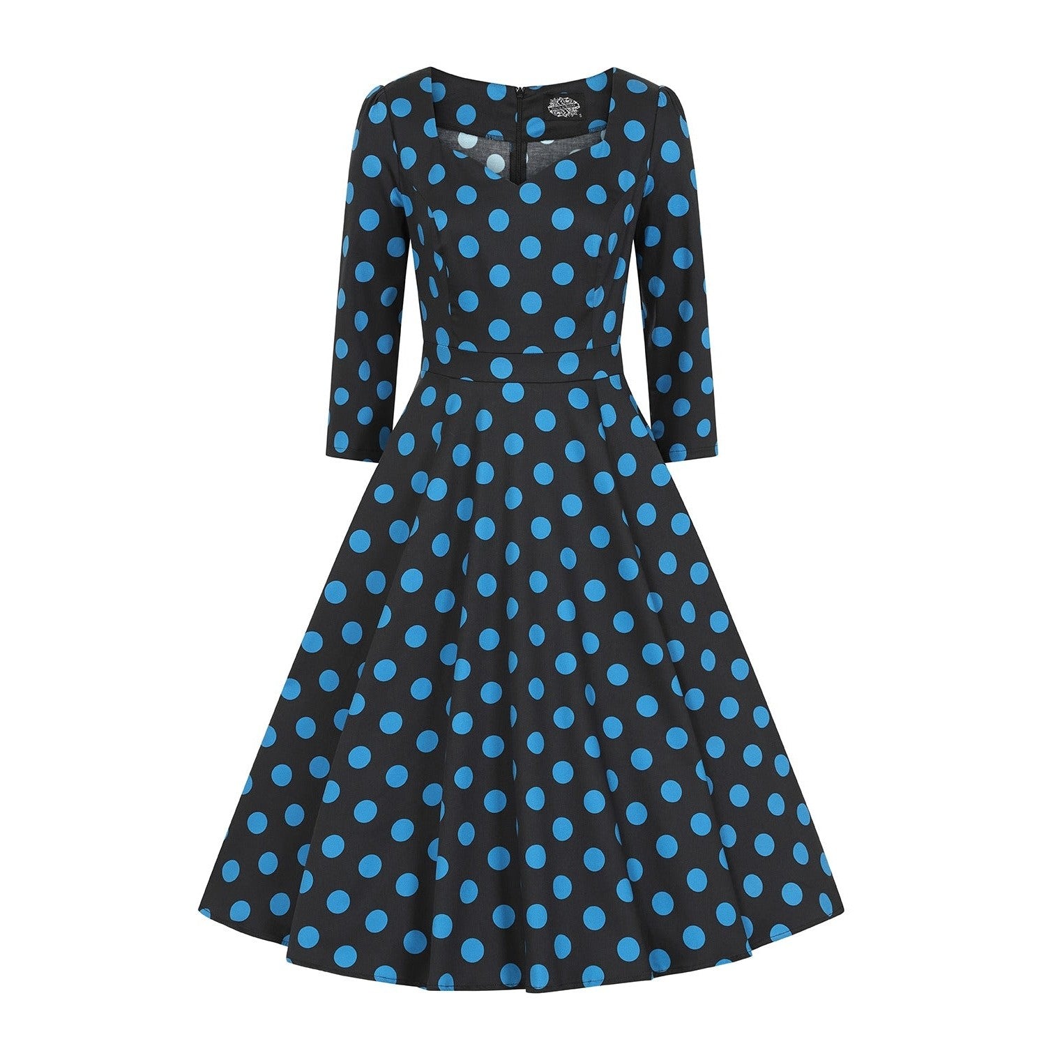 Black And Blue Polka Dot Vintage 50s 3/4 Sleeve Swing Tea Dress