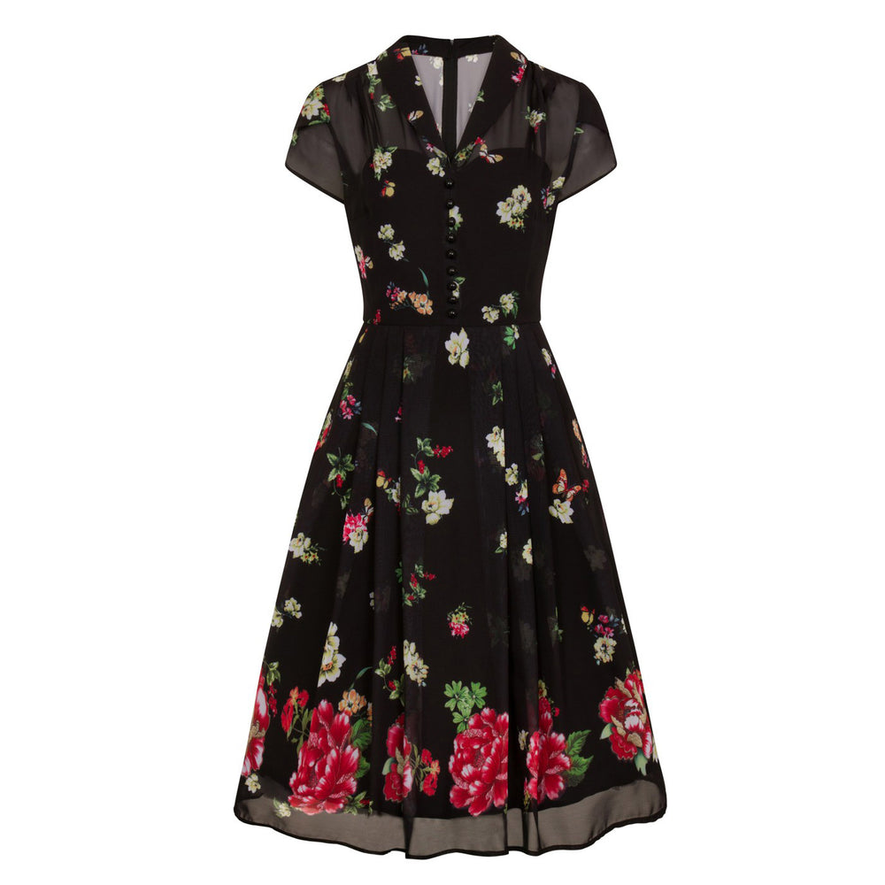 Black Floral and Butterfly Print Chiffon Overlay Retro 40s Tea Dress - Pretty Kitty Fashion