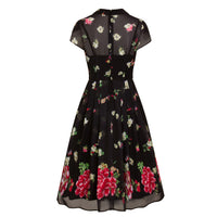 Black Floral and Butterfly Print Chiffon Overlay Retro 40s Tea Dress - Pretty Kitty Fashion