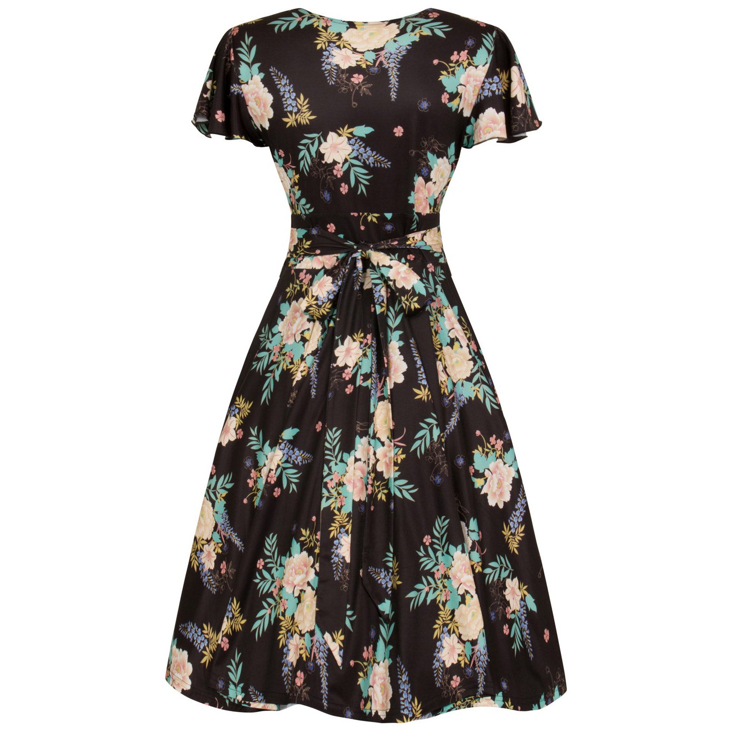 Black Floral Print Cap Sleeve Wrap Top Empire Waist Swing Dress - Pretty Kitty Fashion