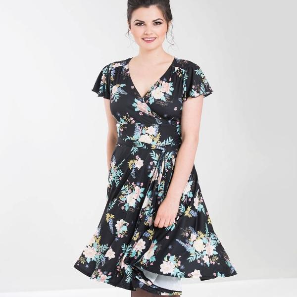 Black Floral Print Cap Sleeve Wrap Top Empire Waist Swing Dress - Pretty Kitty Fashion