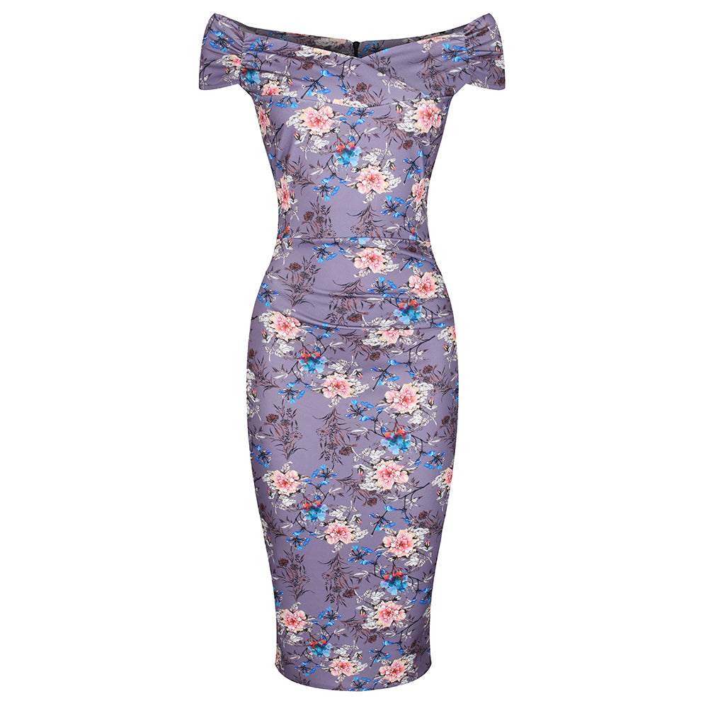 Mauve Floral Cap Sleeve Crossover Top Bardot Wiggle Dress - Pretty Kitty Fashion