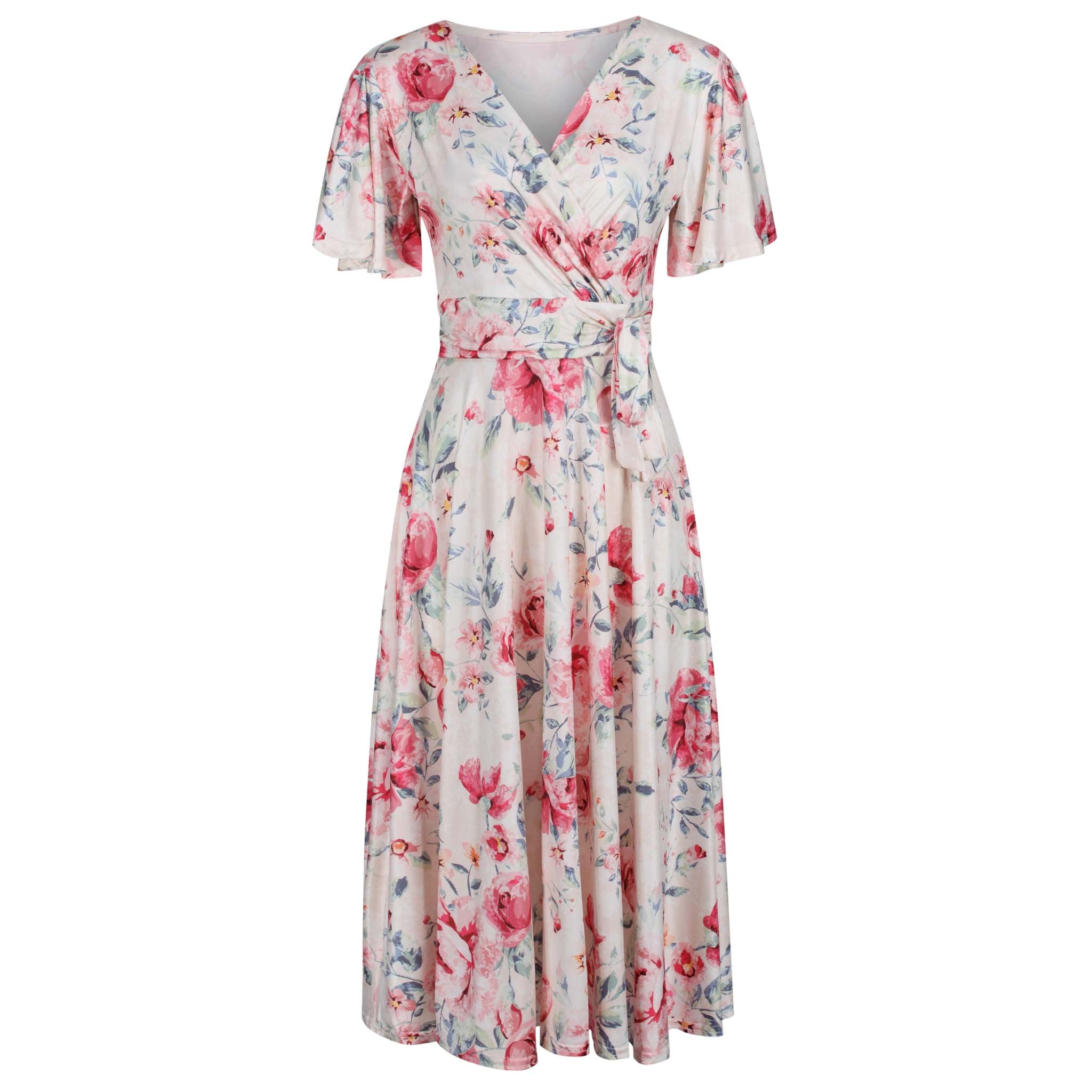 Cream Pink Floral Print Cap Sleeve V Neck Wrap Top Swing Dress Pretty Kitty Fashion Cream Pink Floral Print Cap Sleeve V Neck Wrap Top Swing Dress Pretty Kitty Fashion