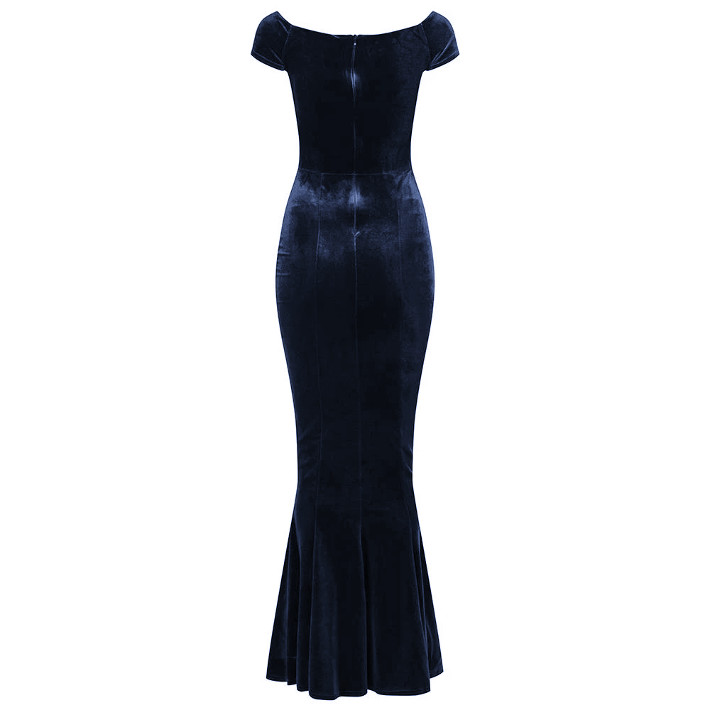Green Cap Sleeve Crossover Bust Fishtail Hem Velour Maxi Dress - Pretty Kitty Fashion