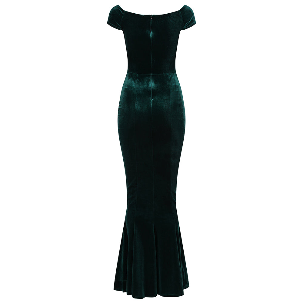 Green Cap Sleeve Crossover Bust Fishtail Hem Velour Maxi Dress - Pretty Kitty Fashion