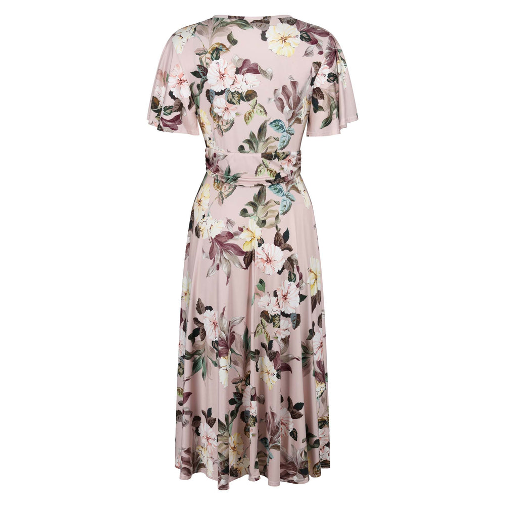 Dusky Pink Floral Print Cap Sleeve V Neck Wrap Top Swing Dress - Pretty Kitty Fashion