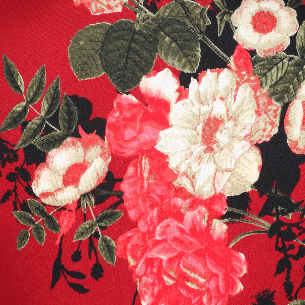 Wine Red Floral 3/4 Sleeve V Neck Crossover Top Empire Waist Swing Dress - Pretty Kitty Fashion