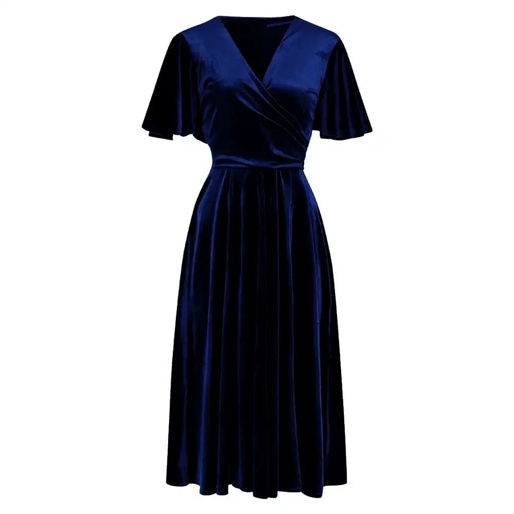 Navy Blue Velour Waterfall Sleeve Crossover Wrap Effect Swing Dress