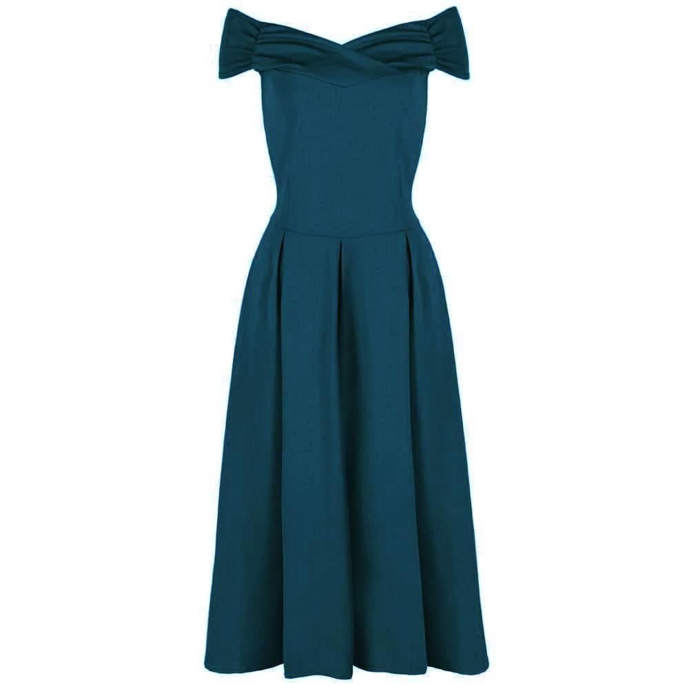 Emerald Green Crossover Bardot 50s Swing Dress - Pretty Kitty Fashion
