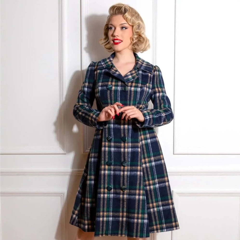 Navy Blue Check Vintage Inspired Double Breasted Swing Coat
