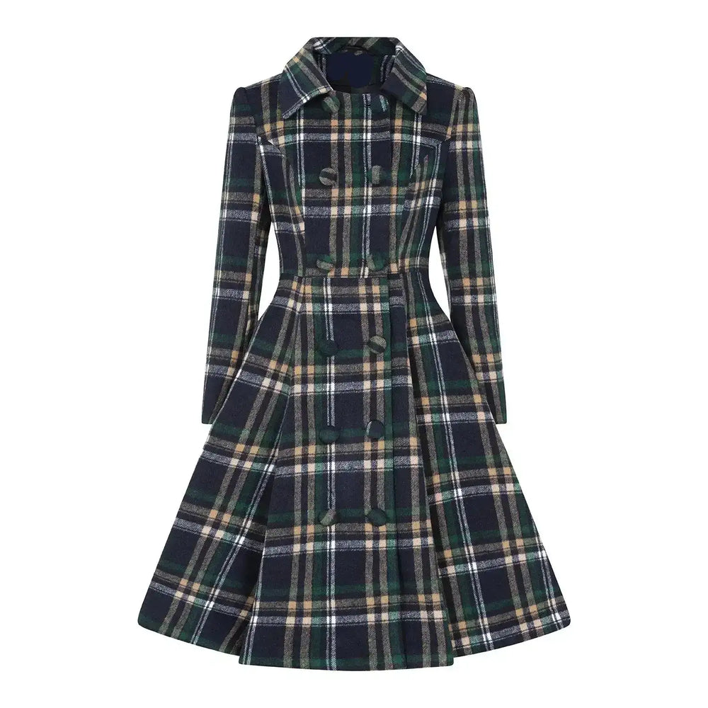 Navy Blue Check Vintage Inspired Double Breasted Swing Coat