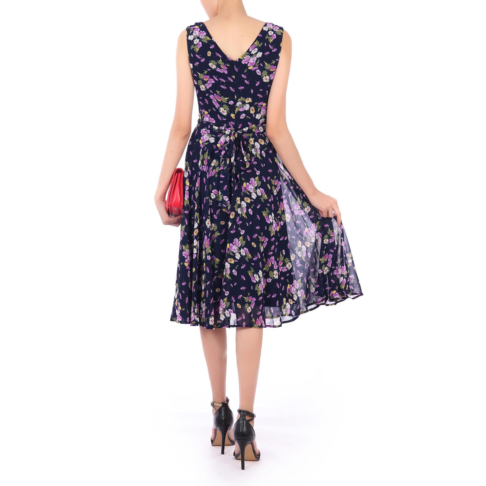 Jolie Moi Navy Blue Floral Sleeveless Chiffon 50s Swing Audrey Dress - Pretty Kitty Fashion