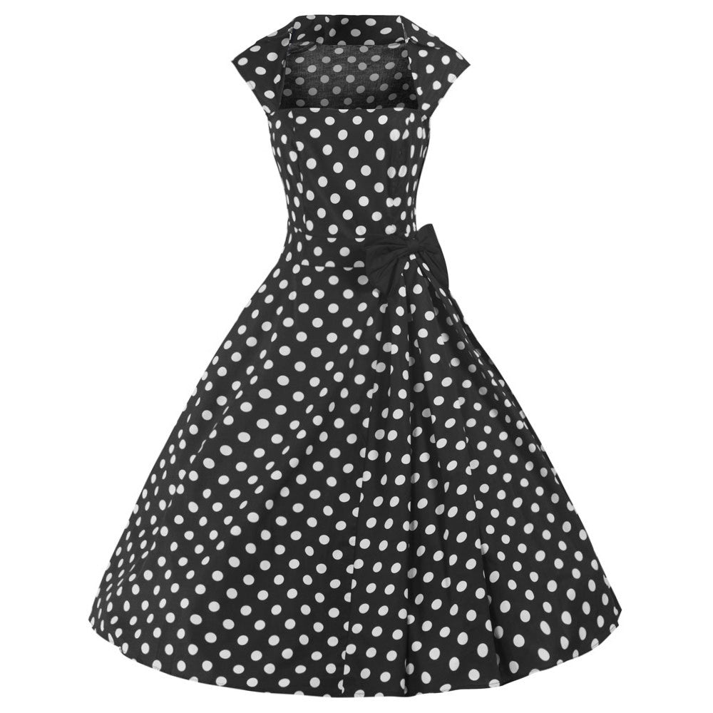 Black and White 50s Polka Dot Swing Bow Dress Pretty Kitty Fashion
