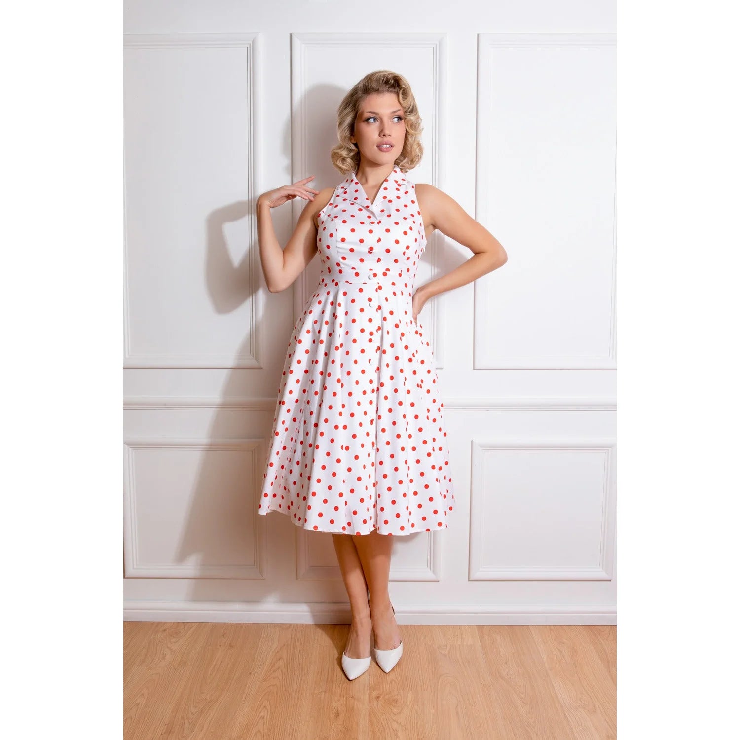 White dress 2025 with red dots