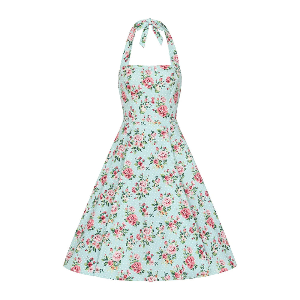 Blue Floral Print Polka Dot Halter Neck 50s Swing Dress - Pretty Kitty Fashion
