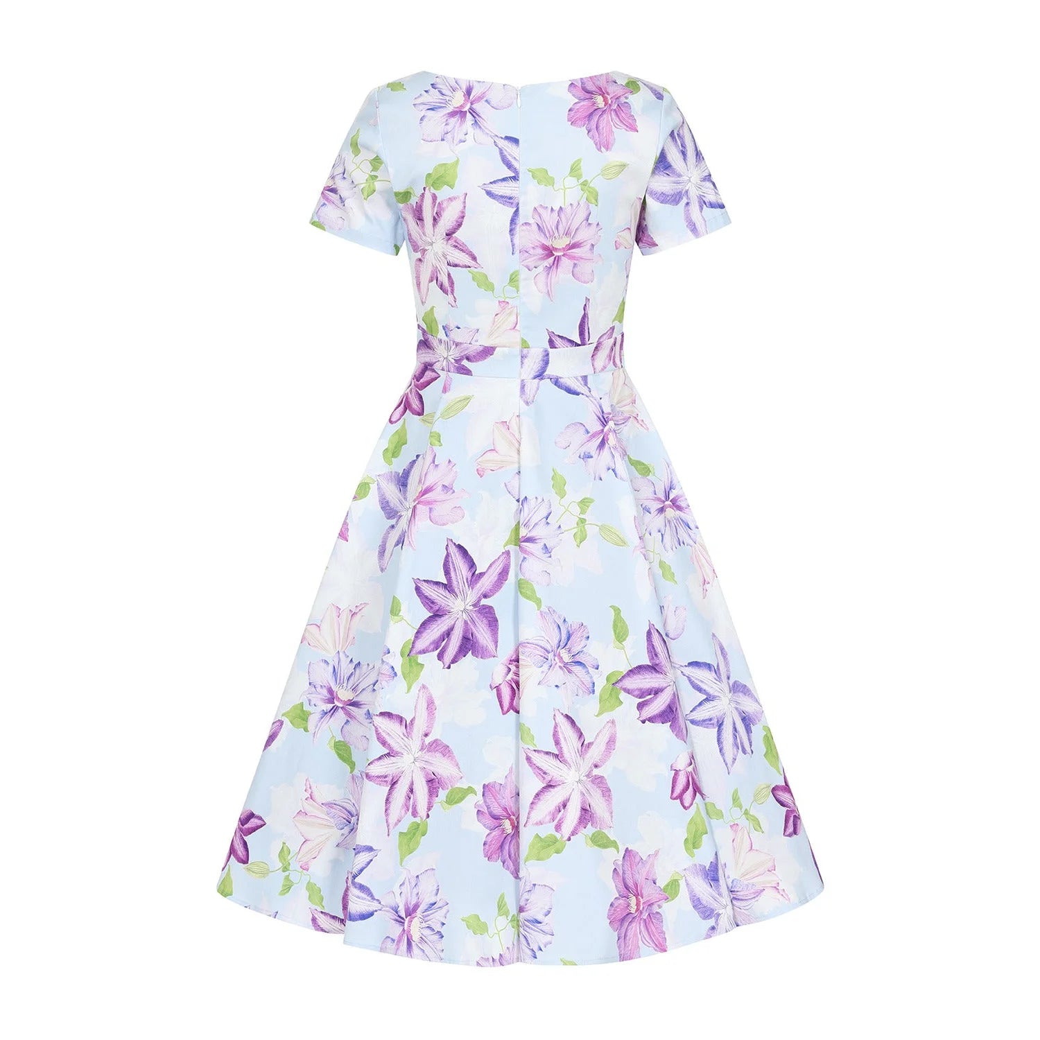 Sky Blue And Purple Floral Short Sleeve 50s Swing Dress