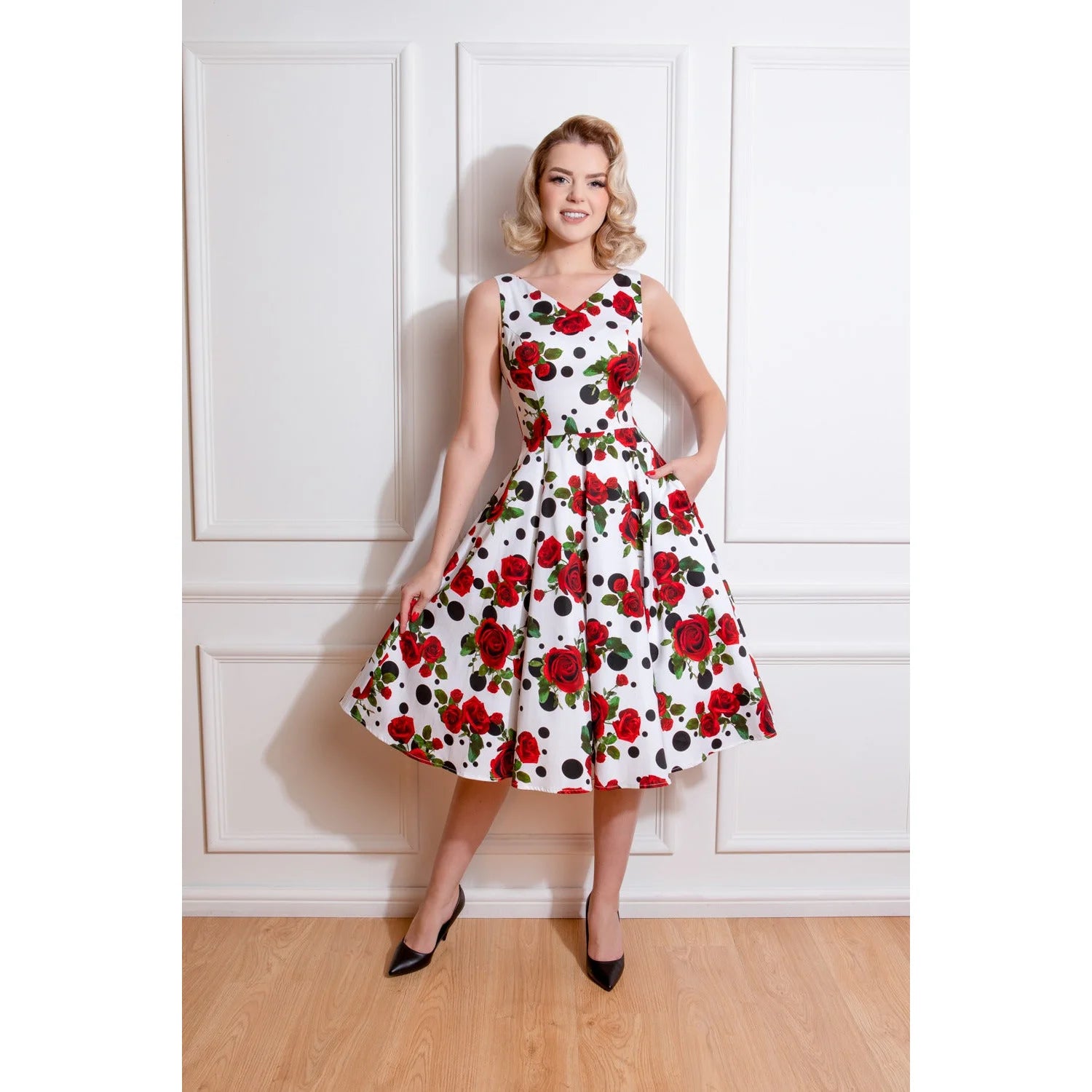 White Polka Dot & Red Rose Print Rockabilly 50s Swing Dress w