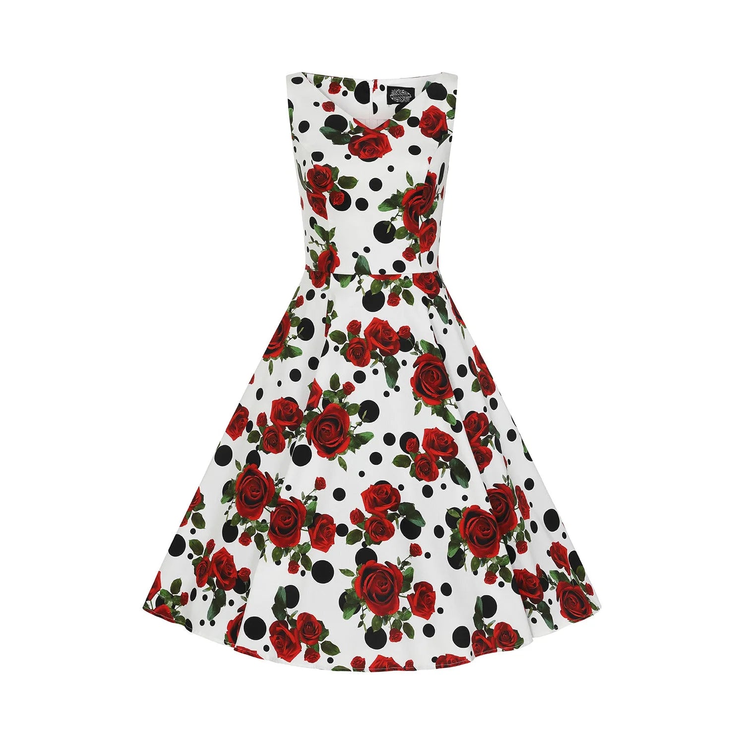 White Polka Dot & Red Rose Print Rockabilly 50s Swing Dress w/ Pockets