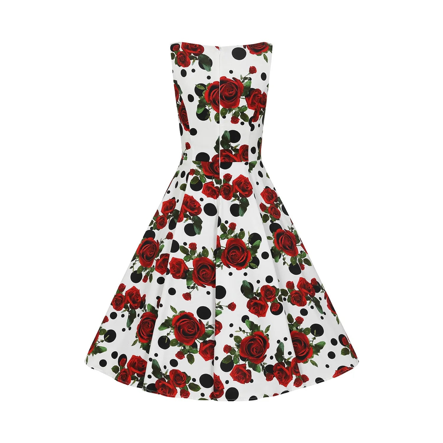 White Polka Dot & Red Rose Print Rockabilly 50s Swing Dress w/ Pockets