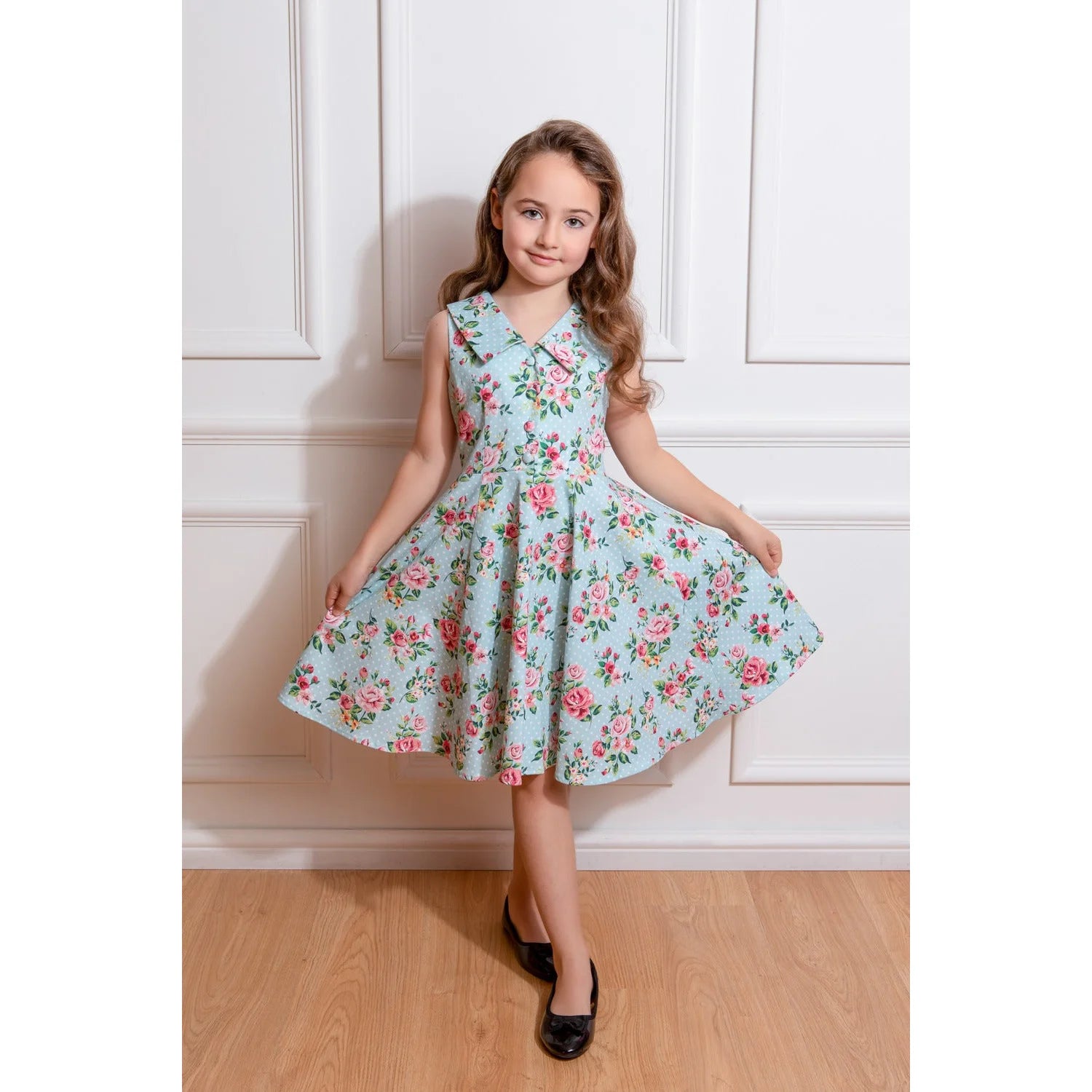 Little Kitty Girl s Blue Floral Print Polka Party Dress
