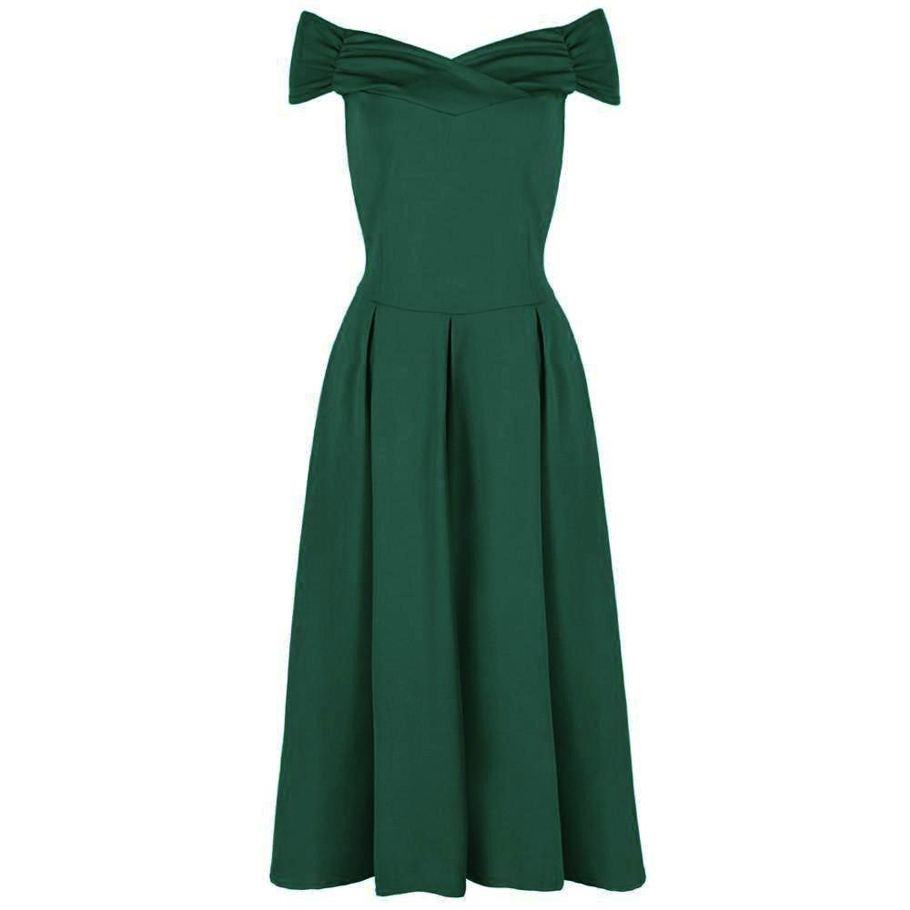 Emerald Green Crossover Bardot 50s Swing Dress - Pretty Kitty Fashion