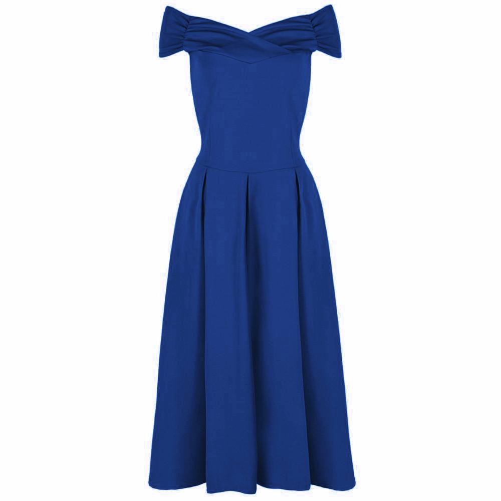 Royal Blue Crossover Vintage Bardot 50s Swing Dress - Pretty Kitty Fashion