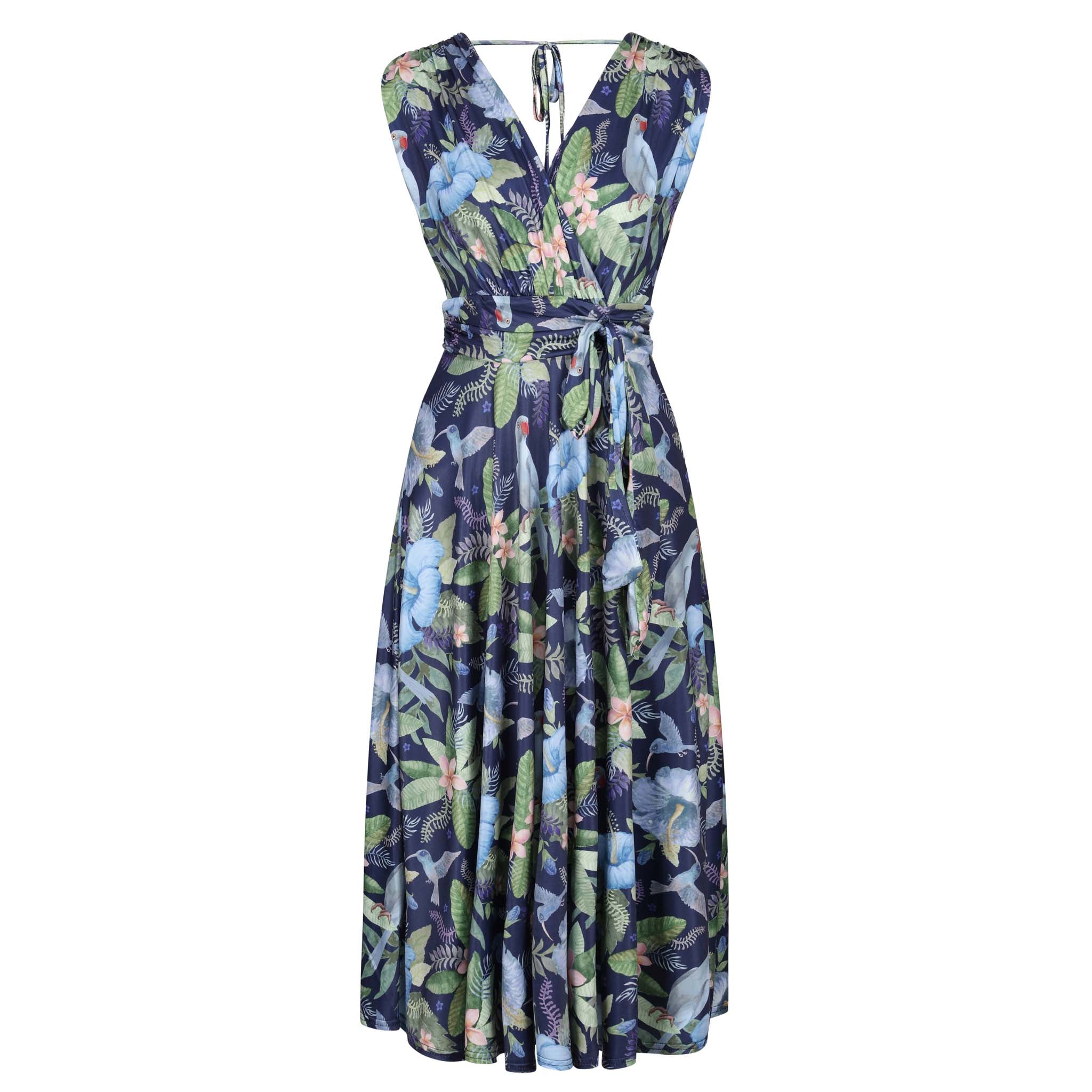 Navy Blue Bird Tropical V Neck Crossover Top Empire Waist Swing Dress   Pretty Kitty Fashion