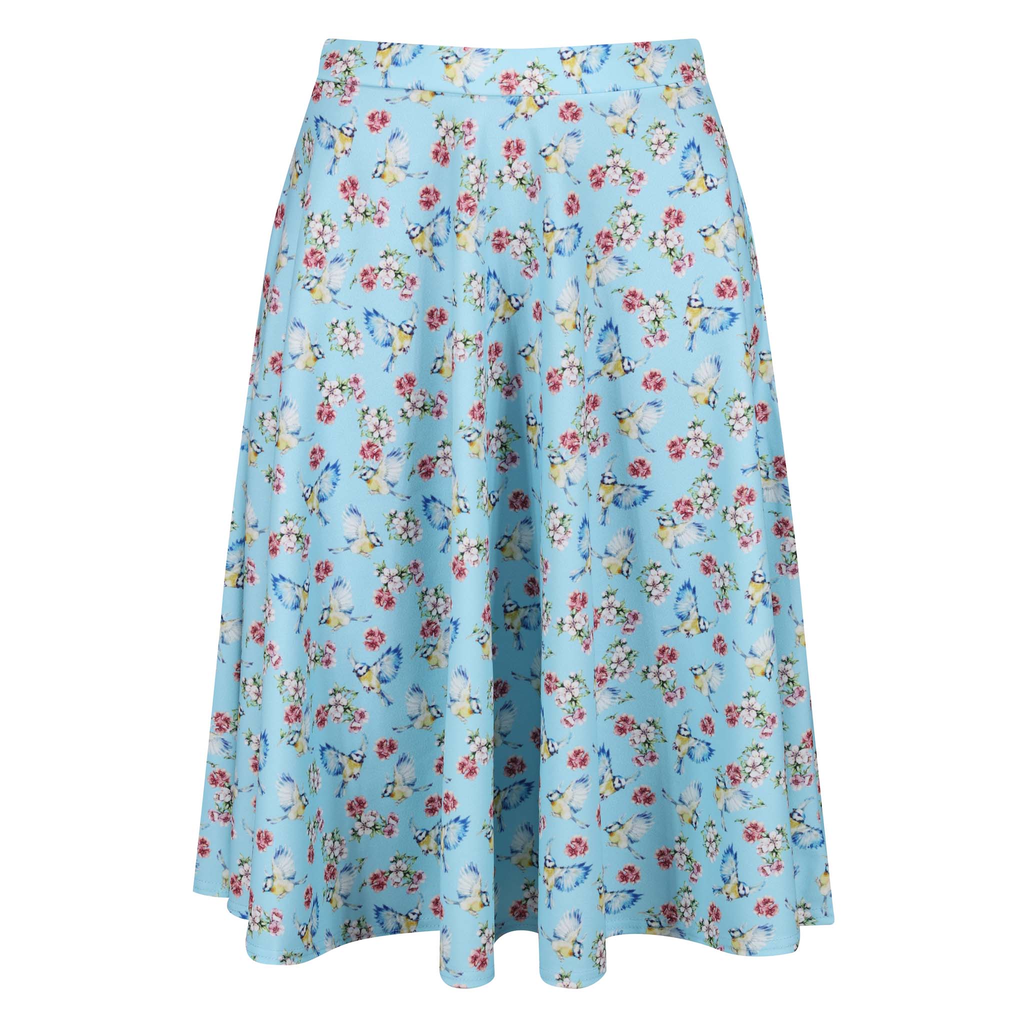 Blue Bird Floral Print 1950s Vintage Rockabilly Swing Skirt Pretty Kitty Fashion