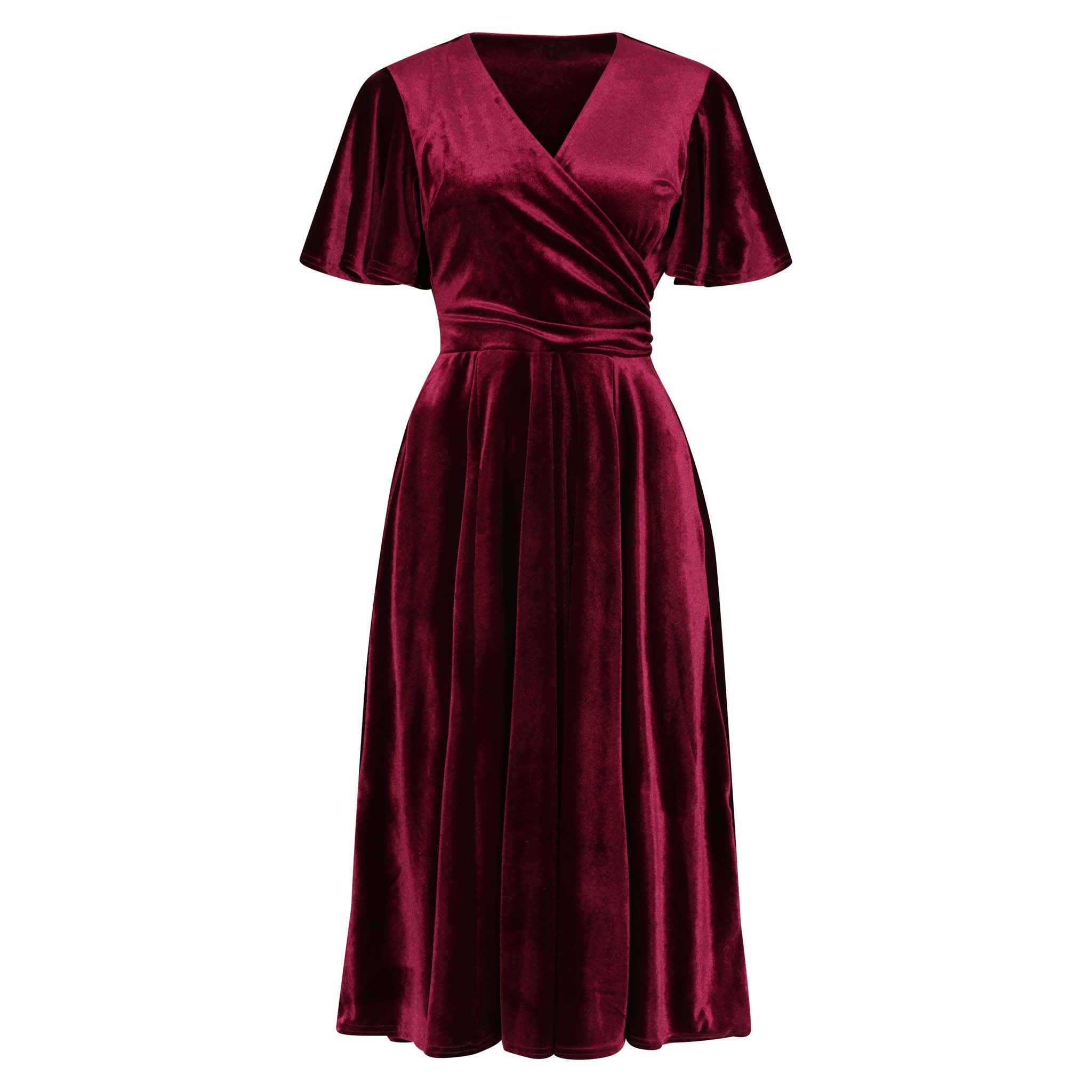 Claret Red Velour Waterfall Sleeve Crossover Wrap Effect Swing Dress
