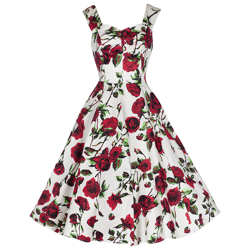 Ivory White and Red Rose Vintage Rockabilly Swing Dress - Pretty Kitty Fashion