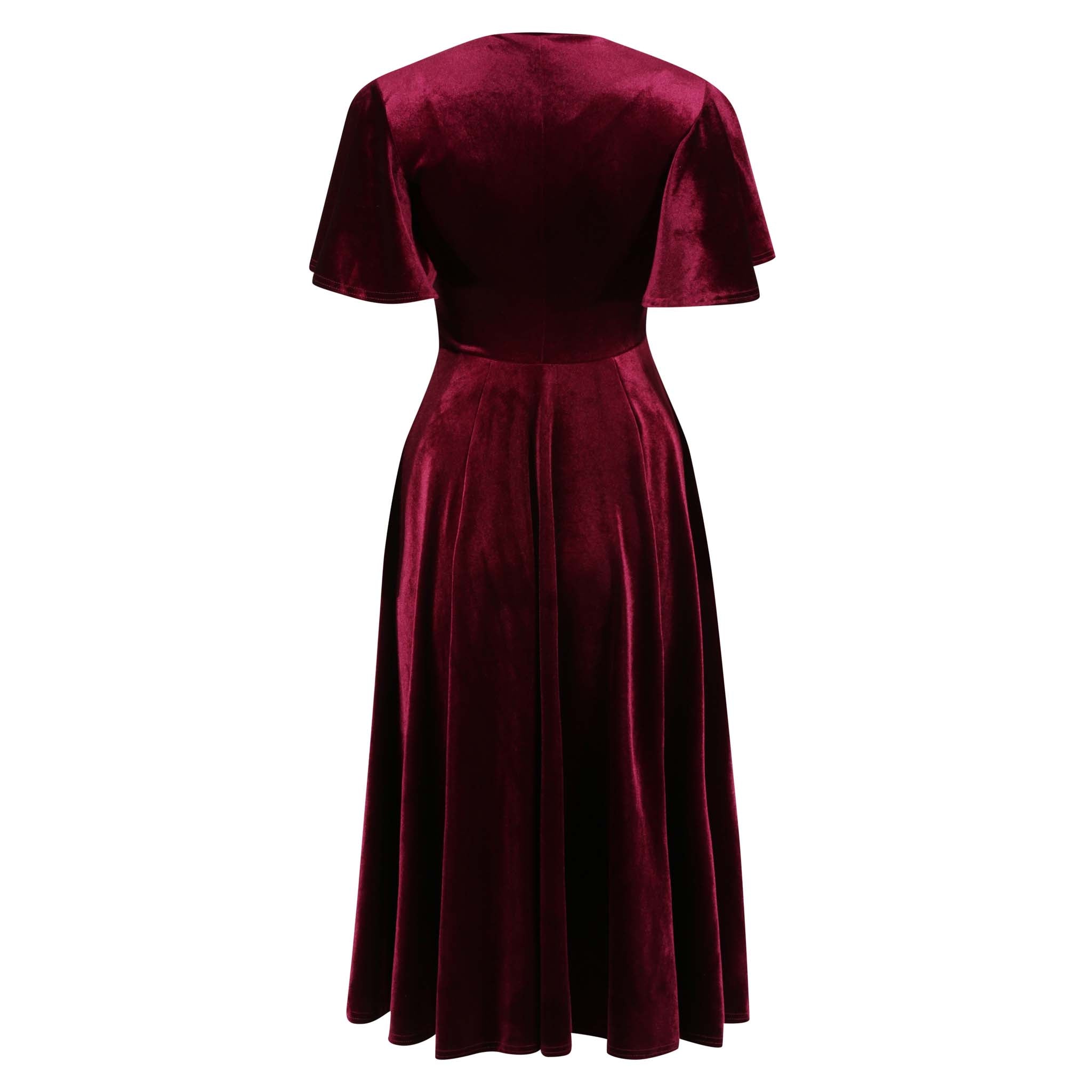 Claret Red Velour Waterfall Sleeve Crossover Wrap Effect Swing Dress