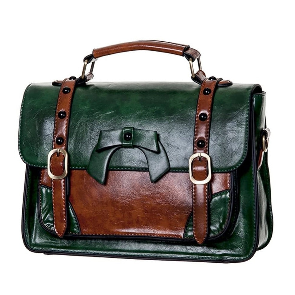 Green Tan Buckle And Bow Vintage Inspired Handbag