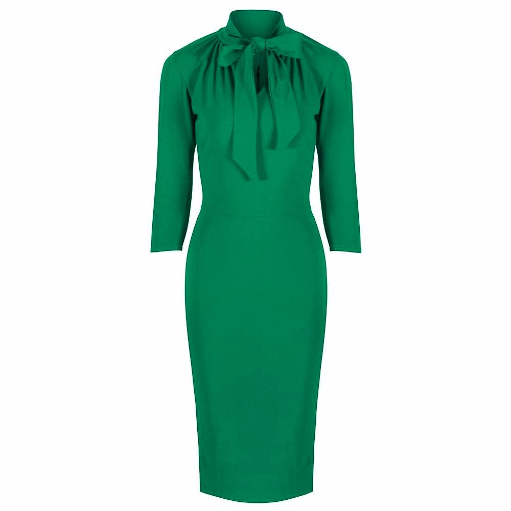 Green 3/4 Sleeve Tie Neck Bodycon Pencil Dress - Pretty Kitty Fashion