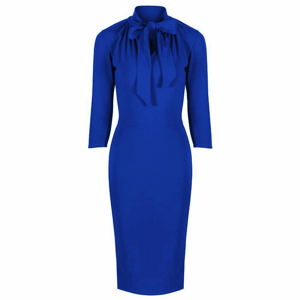 Royal Blue 3/4 Sleeve Tie Neck Bodycon Pencil Dress – Pretty Kitty Fashion