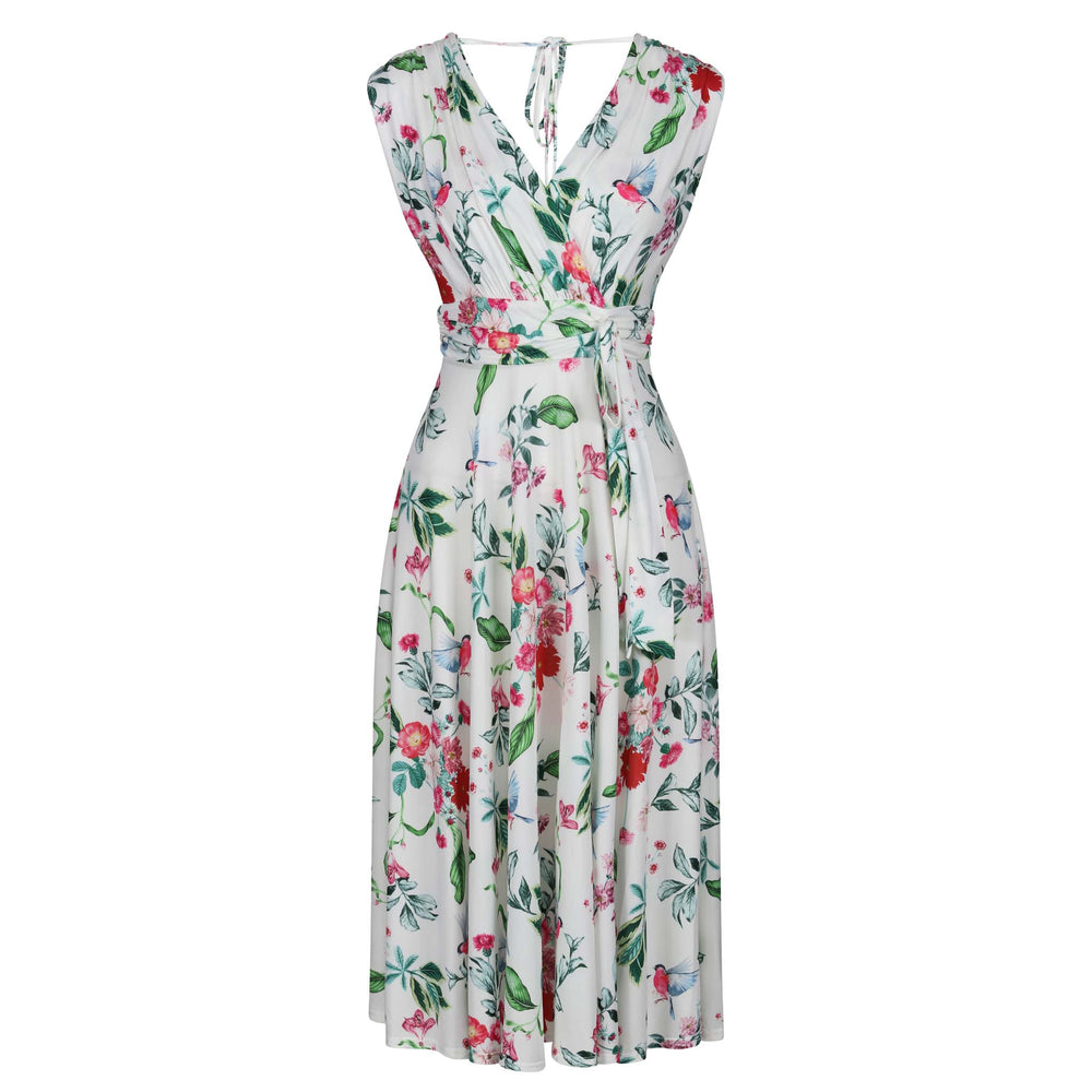 White and Red Floral V Neck Crossover Top Empire Waist Swing Dress