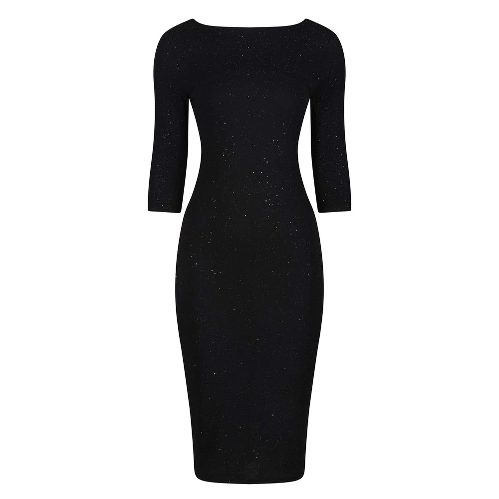 Black Silver Glitter 3/4 Sleeve Bodycon Velour Midi Party Dress