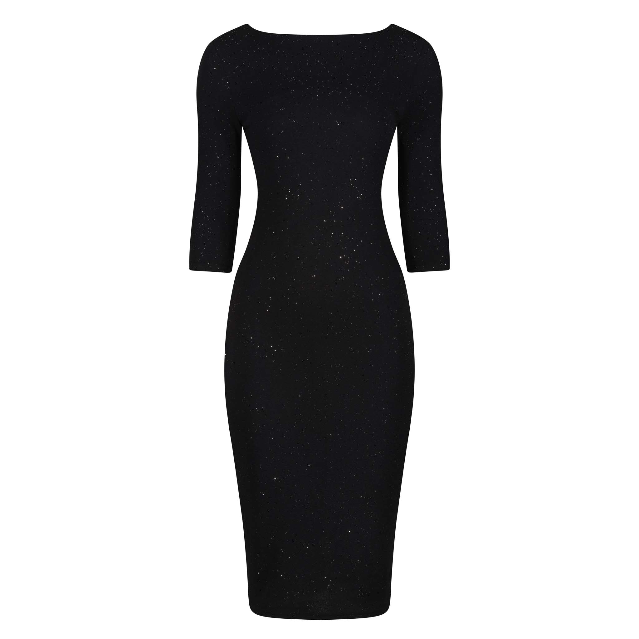 Black Silver Glitter 3/4 Sleeve Bodycon Velour Midi Party Dress